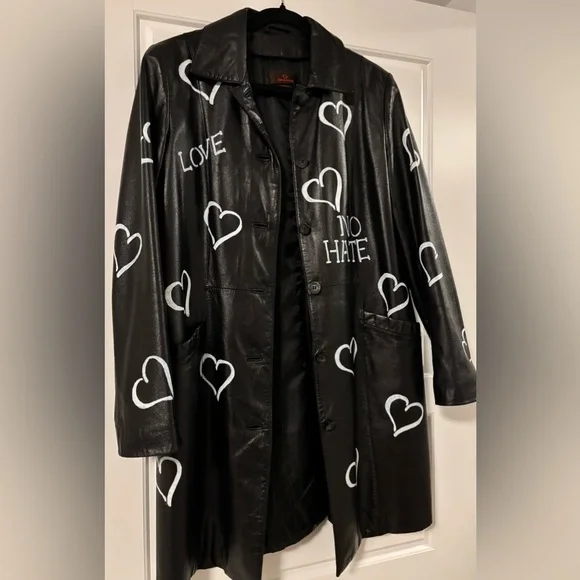 Danier Black Leather Jacket with White Heart Motifs - Picture 3 of 8